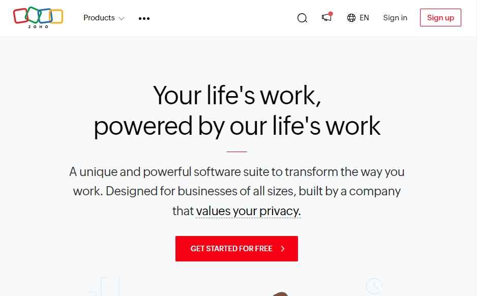 Zoho CRM Home Page